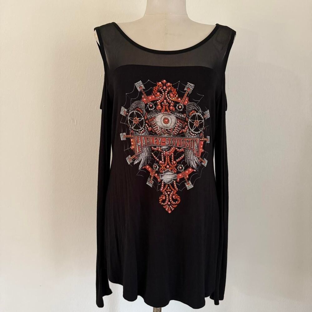 Harley Davidson Long sleeve Black Top Sz L bling cross graphic Sheer bikercore